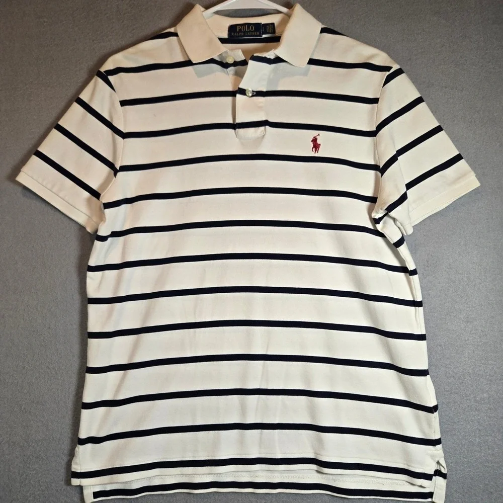 Polo‎ Ralph Lauren Shirt Mens Small Petite Striped Short Sleeve Polo White Blue